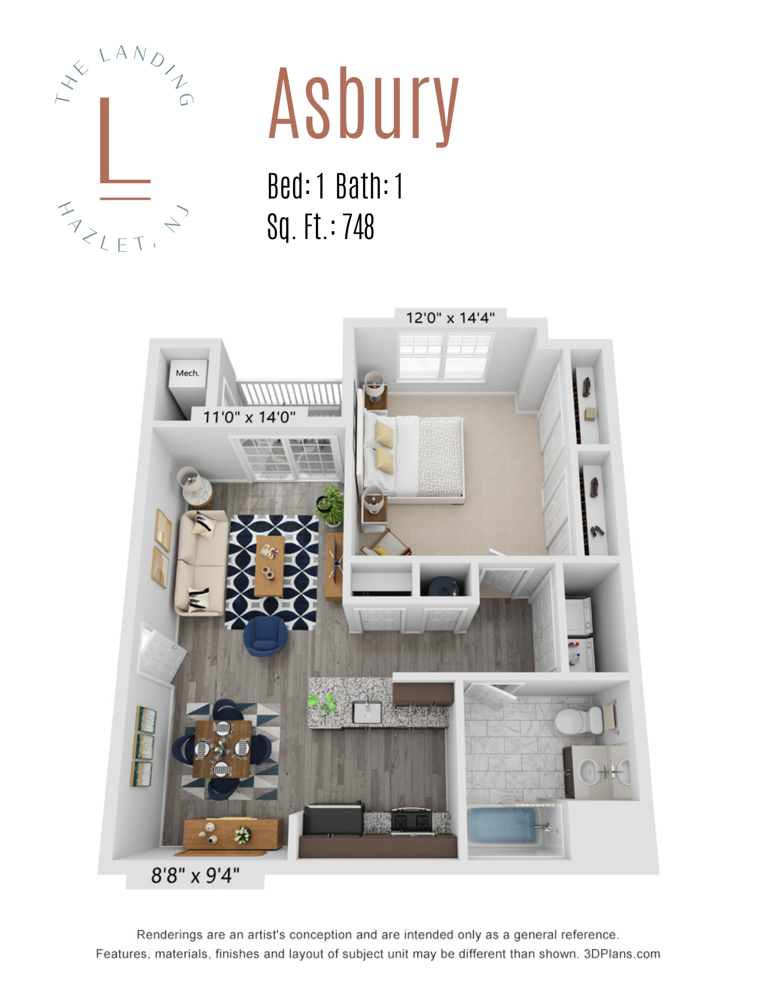 Floor plan for 1 bed, 1 bath, 748 sqft